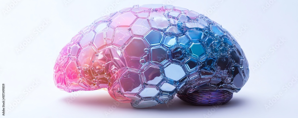 Poster vividly colored brain with hexagon patterns and neural connections on a white background, symbolizin
