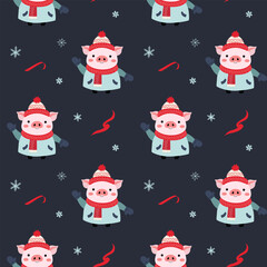 Seamless pattern with cute warm clothed pig. Xmas backgrounds. Cartoon winter animals pattern.