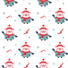Seamless pattern with cute warm clothed pig. Xmas backgrounds. Cartoon winter animals pattern.
