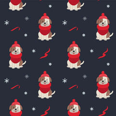 Seamless pattern with cute warm clothed dog. Xmas backgrounds. Cartoon winter animals pattern.