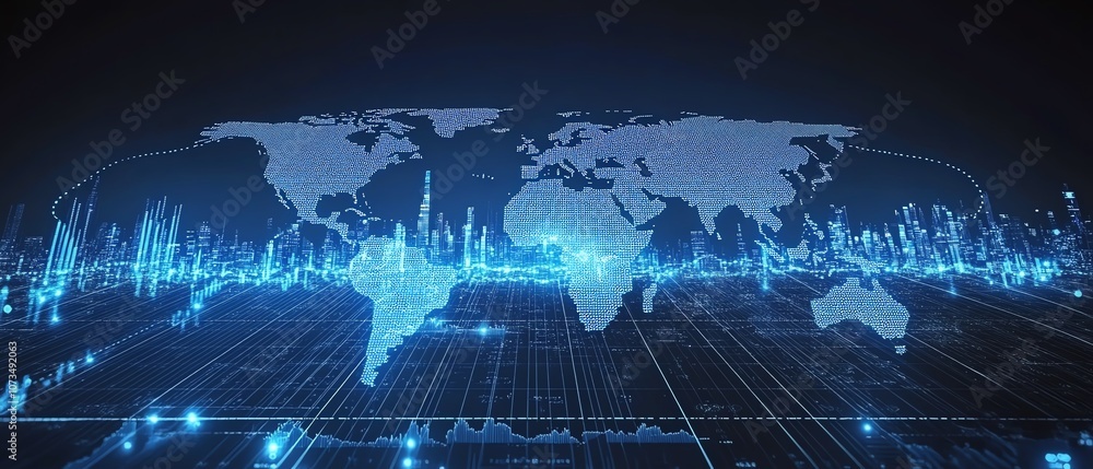 Poster world map in blue with stock market charts and graphs, emphasizing candlestick chart patterns and li