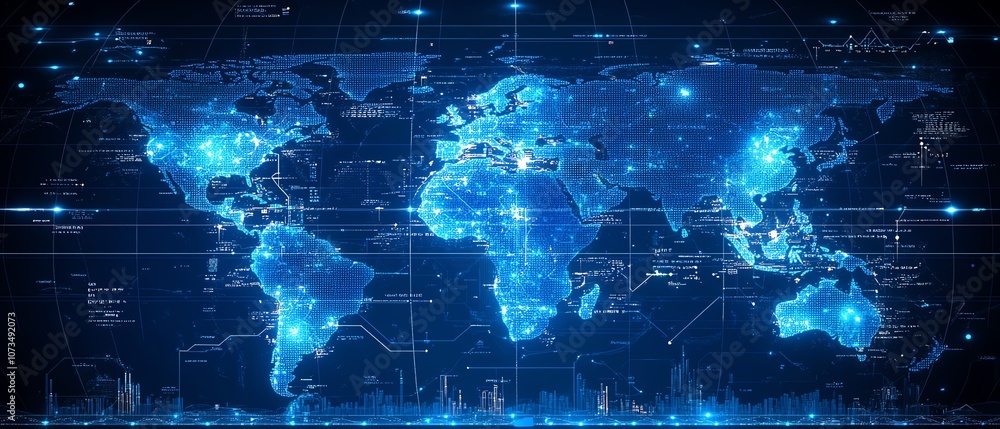 Poster world map in blue with stock market charts and graphs, emphasizing candlestick chart patterns and li