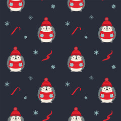 Seamless pattern with cute warm clothed hedgehog. Xmas backgrounds. Cartoon winter animals pattern.