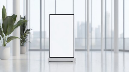 Futuristic Branding Opportunities: Empty Standee Mockup in Modern Tech Office with Innovative Gadgets | Ultra-Detailed Exhibition Design for Tech Startups
