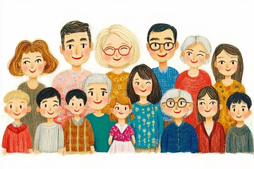 Obraz premium cheerful illustration of diverse family group, showcasing multiple generations with smiling faces, highlighting warmth and togetherness