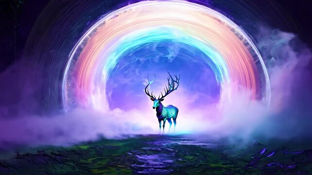 A portal to the spirit world with swirling, colorful mists and fantastical creatures emerging