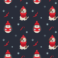 Seamless pattern with warm clothed hedgehog and dog. Cartoon winter animals pattern. Xmas backgrounds.