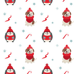Seamless pattern with warm clothed hedgehog and dog. Cartoon winter animals pattern. Xmas backgrounds.