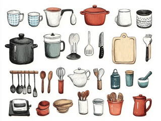 charming collection of illustrated kitchen utensils and cookware, including pots, mugs, and cutlery, displayed in whimsical style