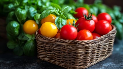 Freshly harvested tomatoes and basil in a rustic basket