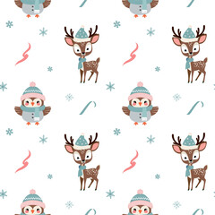 Seamless pattern with warm clothed owl and reindeer. Cartoon winter animals pattern. Xmas backgrounds.