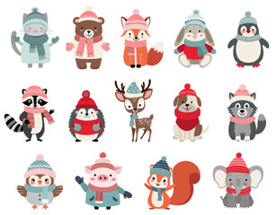 Fototapeta premium Set of cute animals in winter clothes. Thickly clothed pets. Winter animals. Bear, fox, deer, squirrel, owl, hare.