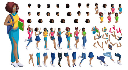 Isometric cartoon people, 3D Set for creating Black Student person. Full length gestures isolated, N1. Create your own design for vector