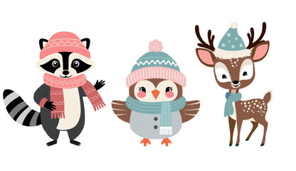 Set of cute animals in winter clothes. Thickly clothed pets. Winter animals. Raccoon, owl, reindeer.