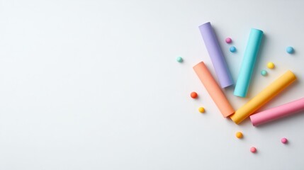 Colorful craft supplies arranged on a white background