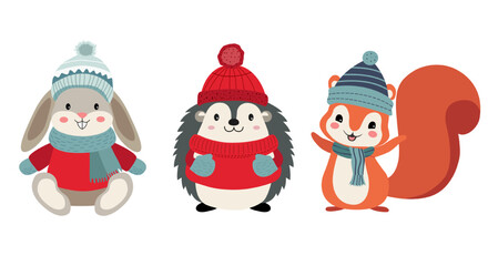 Set of cute animals in winter clothes. Thickly clothed pets. Winter animals. Bunny, squirrel, hedgehog.