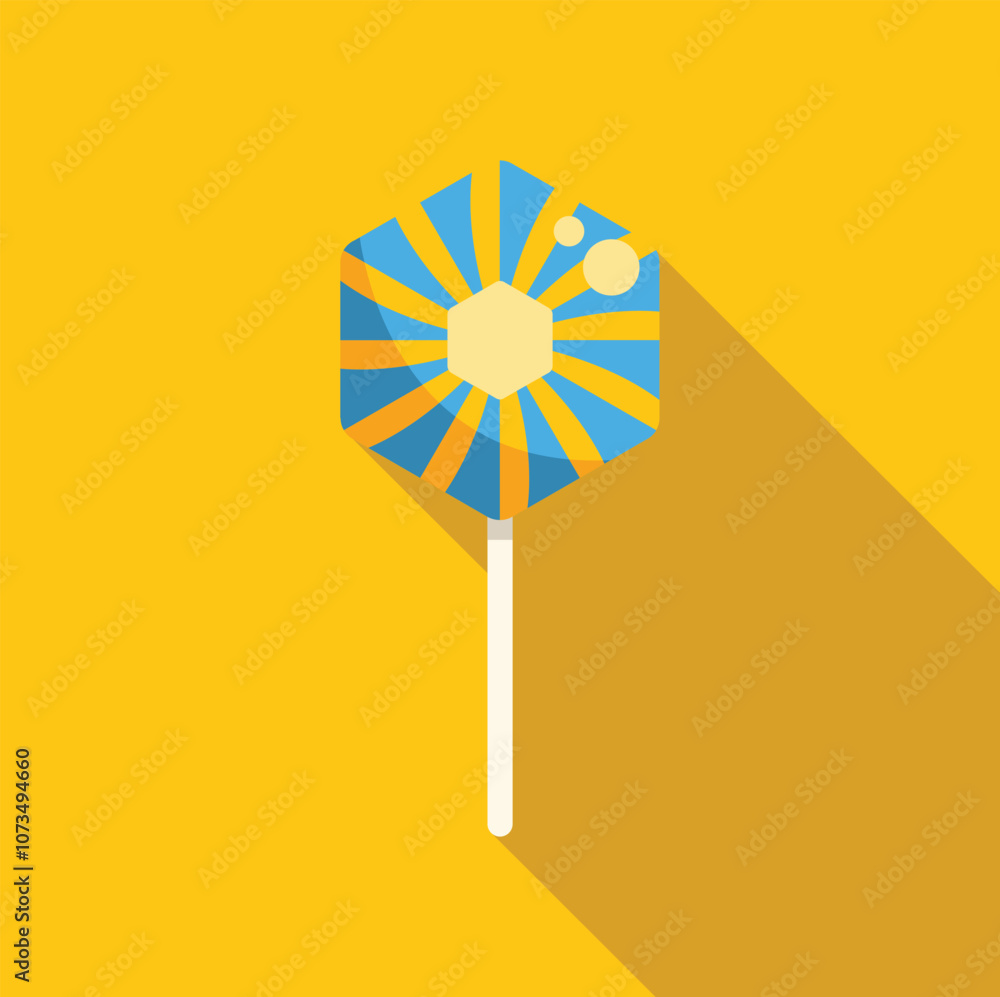 Aufkleber striped hexagonal lollipop with long shadow casting on a vibrant yellow background, creating a simpl