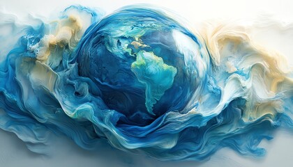 Obraz premium Abstract globe encircled by swirling blue waves, representing global network and commerce, generative AI styling, vibrant color scheme, highresolution digital art