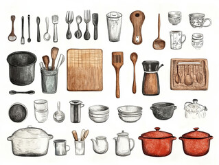 Fototapeta premium collection of various kitchen utensils and cookware, including spoons, forks, cups, pots, and cutting boards, displayed in artistic arrangement
