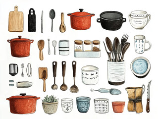 charming collection of kitchen utensils and cookware, including pots, spoons, and mugs, beautifully illustrated with rustic touch