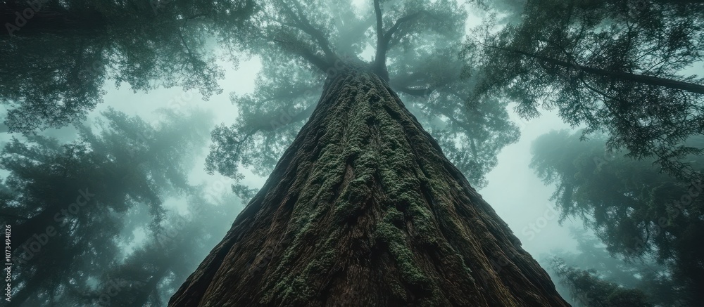 Poster a low angle view of a towering redwood tree in a foggy forest with dappled light.