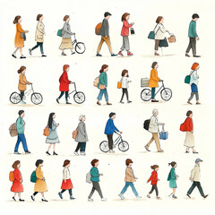 Fototapeta premium Illustration of diverse people walking and cycling, showcasing everyday urban life