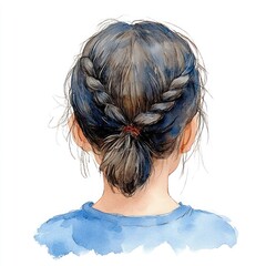 Naklejka premium Watercolor Illustration of Girl with Pigtail in Rear View, Isolated Background - Clipart