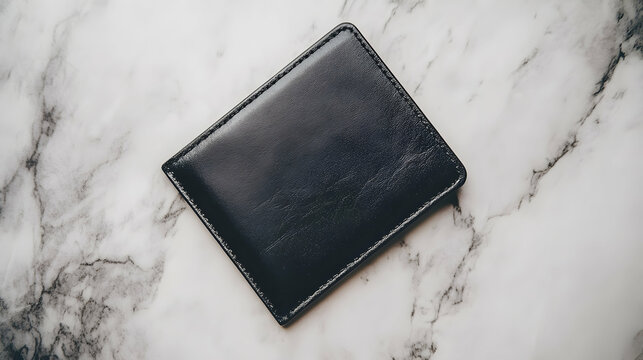 A premium black leather checkbook cover with a slim and polished look, placed on a marble surface to enhance its elegance.

