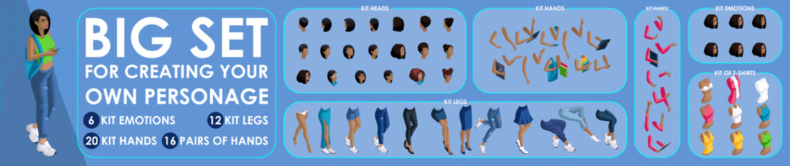 Isometric Woman Black characters constructor for designed. Set various action N4. Set of Students personages flat style illustration