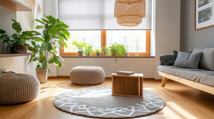 Modern Bright Living Room with Natural Light, Cozy Seating, Green Plants, Decorative Elements, and Minimalist Decor for Relaxation and Comfort