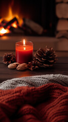 Christmas Still Life with Candles and Winter Decor in Warm Fireside Palette &ndash; Mulled Wine Red, Chestnut Brown, and Ember Orange