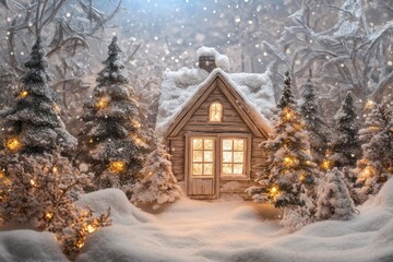 Cozy Cabin with Illuminated Windows in a Snowy Winter Forest