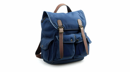 A stylish blue backpack with leather straps and multiple pockets, combining vintage aesthetics with modern utility.

