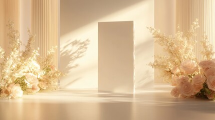 Luxurious Wedding Venue Mockup Display with Floral Decor and Soft Lighting for Event Advertising