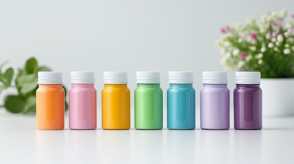 Colorful paint bottles arranged on a table