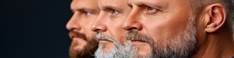 Obraz premium Three men with beards show varying shades of gray in a close-up portrait showcasing their rugged features