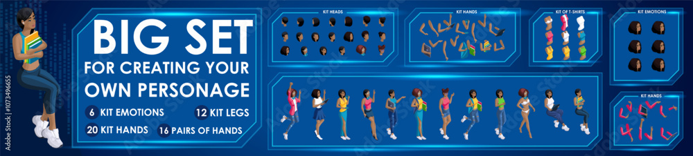 Poster isometric woman black characters constructor for designed n4. presentation in various action. set of