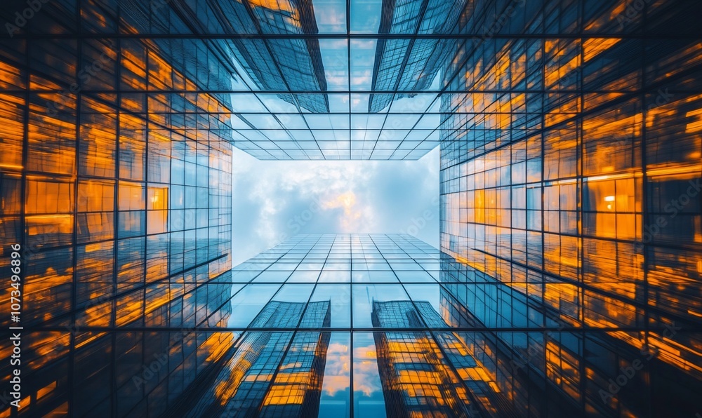 Poster looking up at a modern glass building with a blue sky and clouds reflecting in the windows.