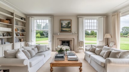 Elegant and Cozy Living Room with Stylish Furnishings and Scenic Garden View, Perfect for Relaxation and Family Gatherings, Showcasing Tasteful Interior Design Elements