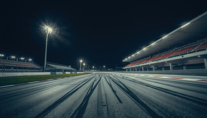 Fototapeta premium night view of race circuit with tire tracks on asphalt, showcasing empty track and illuminated grandstands. atmosphere is thrilling and dynamic