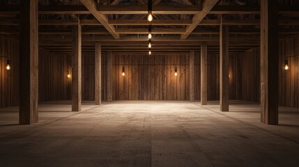 Cozy Country Vibes: Empty Standee Mockup in Rustic Barn with Warm Wooden Decor and Soft Lighting for Event Promotion
