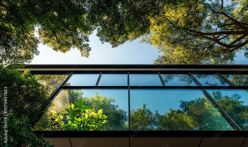 Poster Looking up at a modern building with glass windows reflecting the surrounding trees and blue sky.