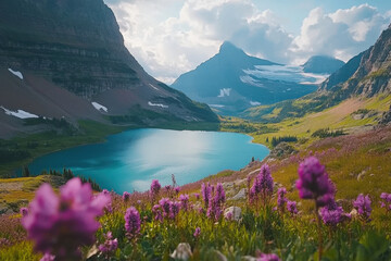 Naklejka premium Majestic Mountain Lake Surrounded by Peaks