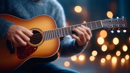 Obraz premium Cozy evening guitar playing with warm bokeh lights