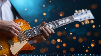Fototapeta premium Close-up of guitarist playing electric guitar with bokeh lights