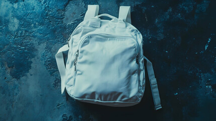 A white backpack with a classic sporty look, set against a dark blue wall. The material appears to be durable and weather-resistant.

