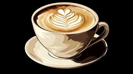 A cup of coffee with latte art in a white mug on a saucer.