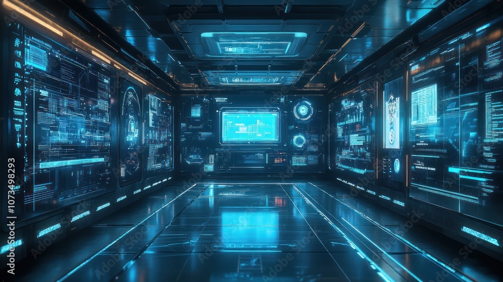 Poster futuristic hallway with digital screens displaying data and information.
