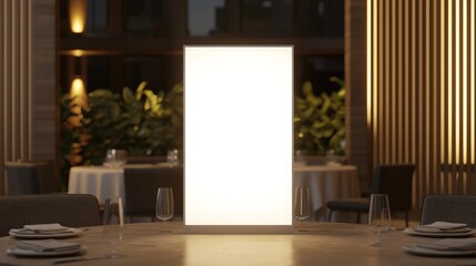 Elegant Empty Standee Mockup in Upscale Restaurant with Soft Lighting for Culinary Experiences Promotion.