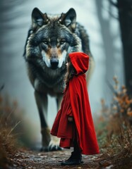 A little girl in a red cape with a red hood and a big gray wolf on the background behind
